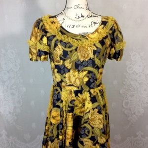 Vintage Golden Floral Black Handmade Dress M/L
